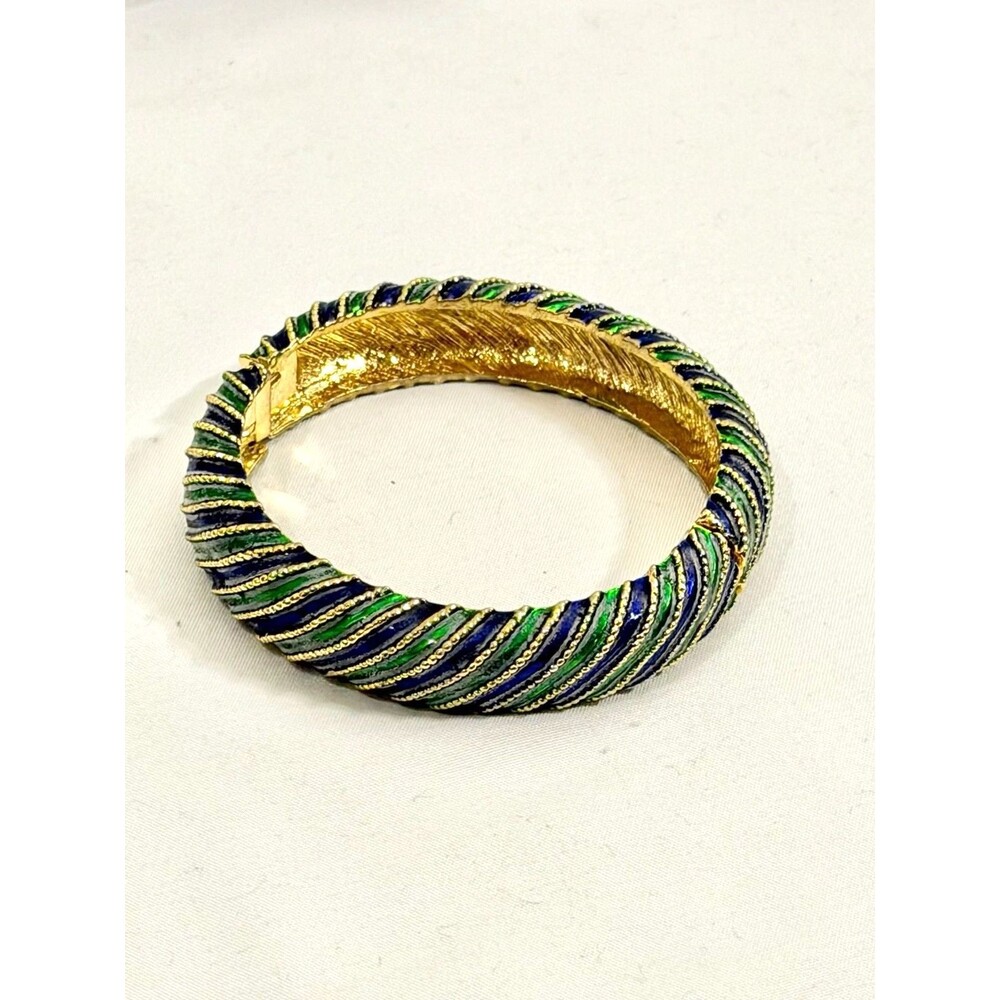 Vintage Blue and Green Enamel Twisted Rope Design Hinge Bangle Bracelet